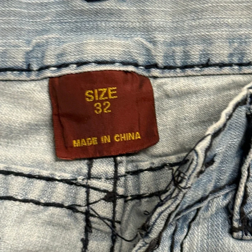 True Religion Billy Super T Light Wash Straight Leg Jeans Mens 32 Thick Stitch
